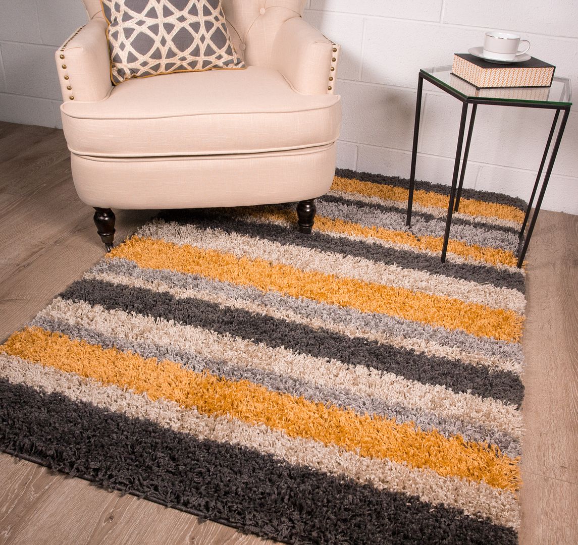 Small Fluffy Mustard Yellow Stripe & Grey Shaggy Rug 80x150cm
