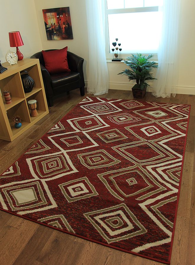 Cheap Warm Modern Aztec Red Rugs Large Small Easy Clean Diamonds Carpet