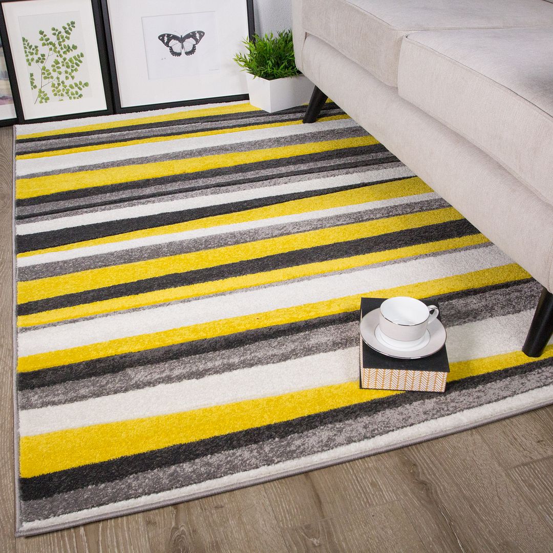 Yellow & Grey Striped Living Room Rug Modern Carved Geometric Ochre