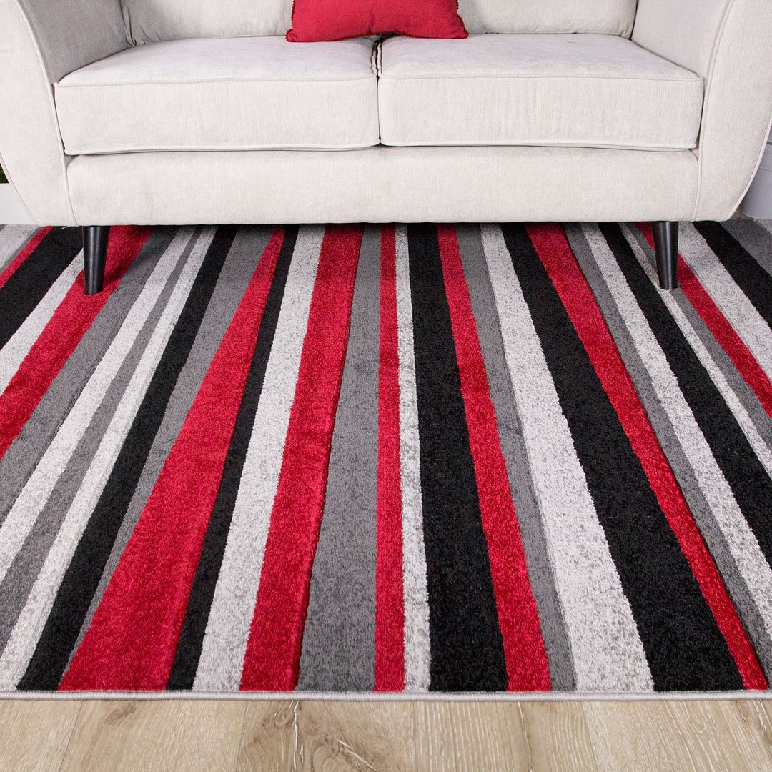 Red Black Grey Colour Stripe Stripey Striped Lines Design Living Room Floor Rug eBay