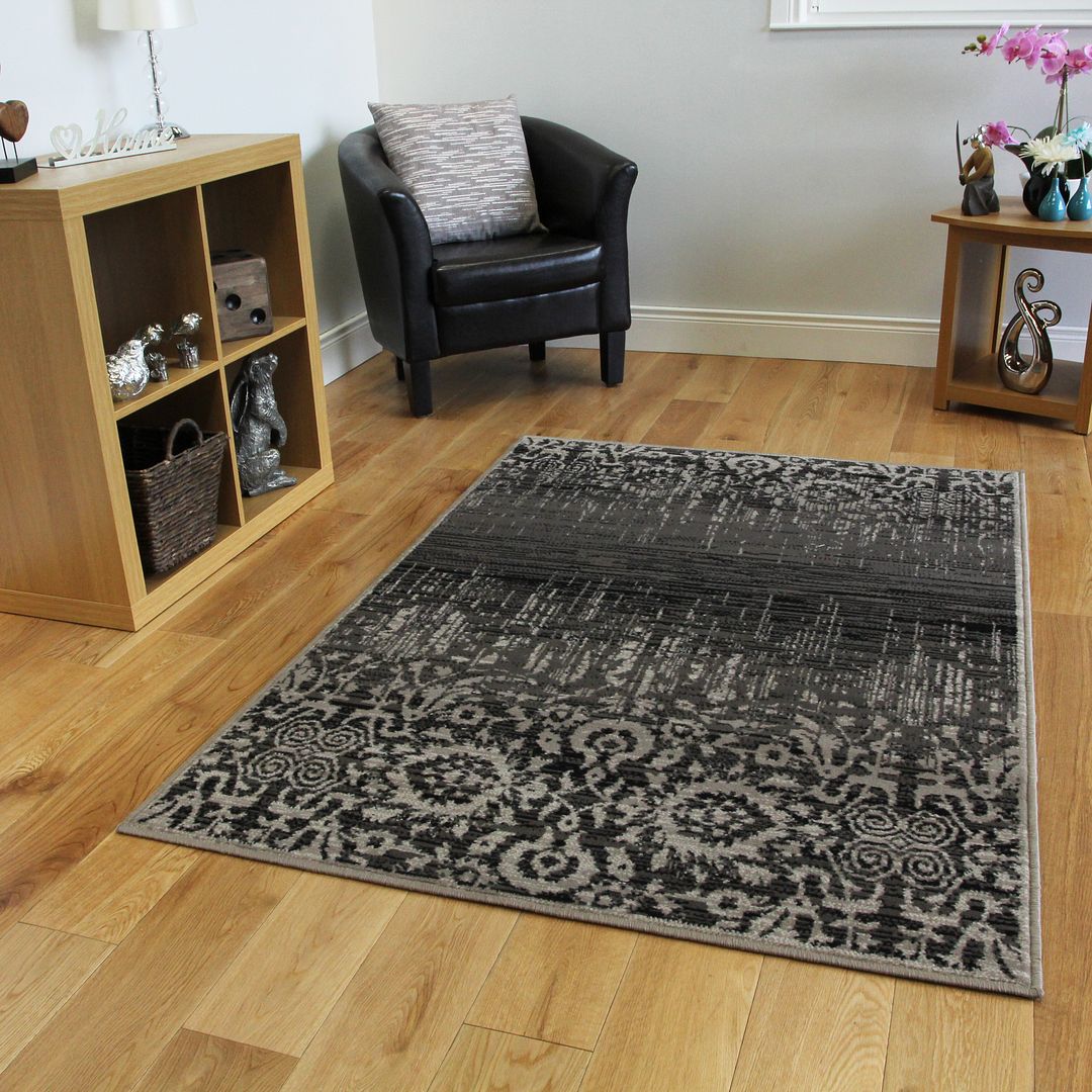 New Modern Grey Black Fireplace Rugs Small 80x150cm Tribal Lounge Mat